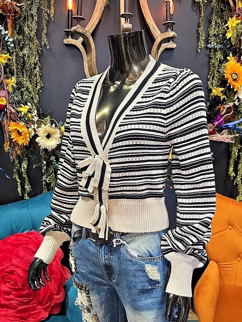 So Me Embroidered Knit Striped Snap Button/ Bow Accent Cardigan